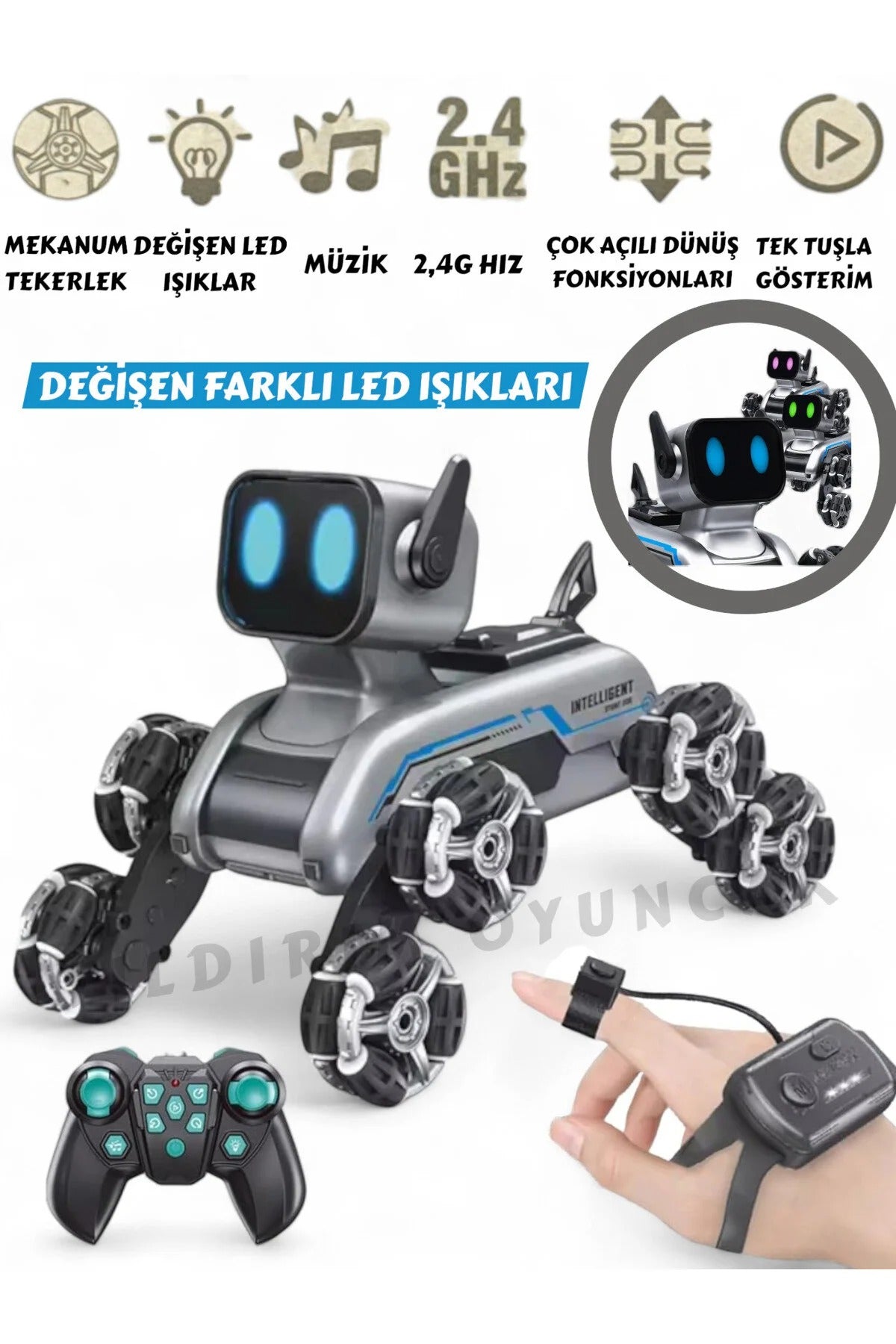 Uzaktan Bilekten Kumandalı Şarjlı 8 Teker Akrobat Robot Köpek Müzikli ve Led Işık 25 cm Köpek Araba