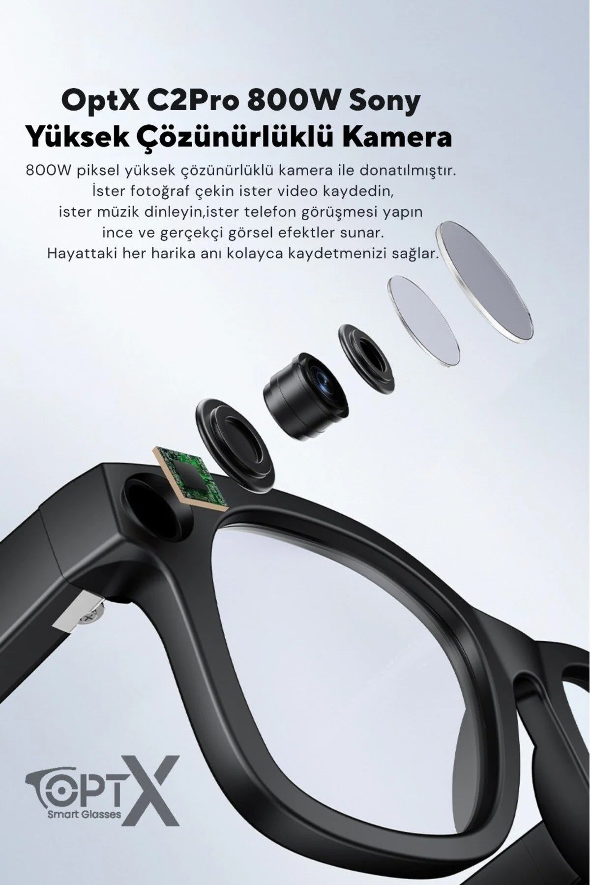 OptX Smart Akıllı Gözlük – Yapay Zeka (AI), Kamera, Bluetooth, Müzik, IPX5