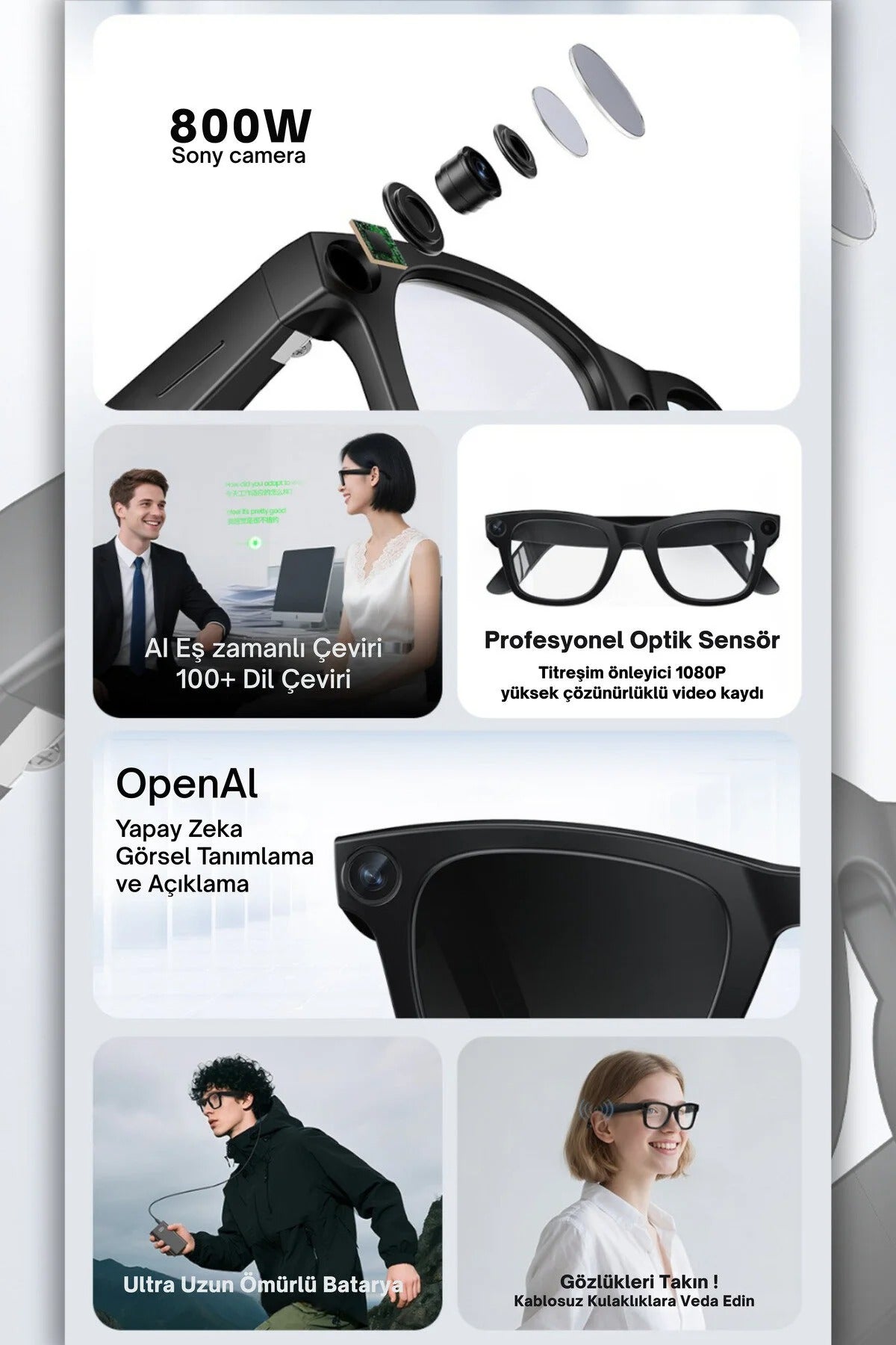 OptX Smart Akıllı Gözlük – Yapay Zeka (AI), Kamera, Bluetooth, Müzik, IPX5