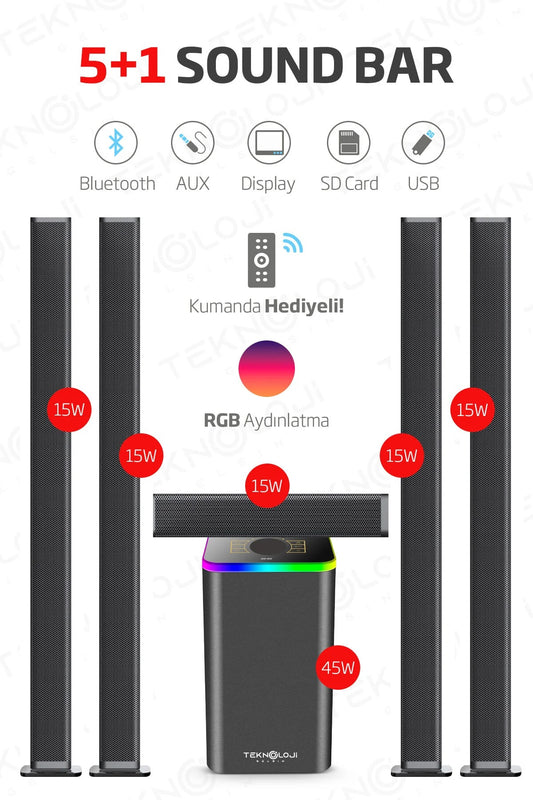 HEPU HP-TV04 5+1 Soundbar Ev Sinema Sistemi Stereo Hd Ses Kalitesi Rgb Kablolu 45W AMFİ 15WX5 SOUNDBAR