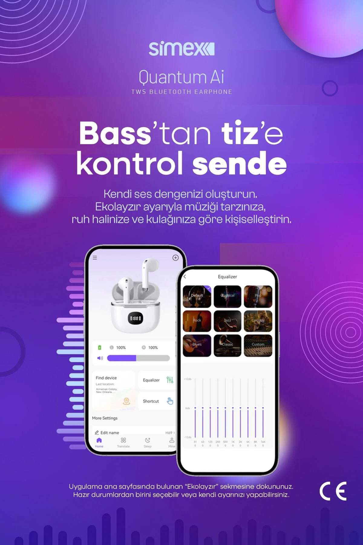 Simex Quantum AI TWS Bluetooth Kulaklık, 42 Saat Pil, Yapay Zeka Destekli 134 Dil Çeviri
