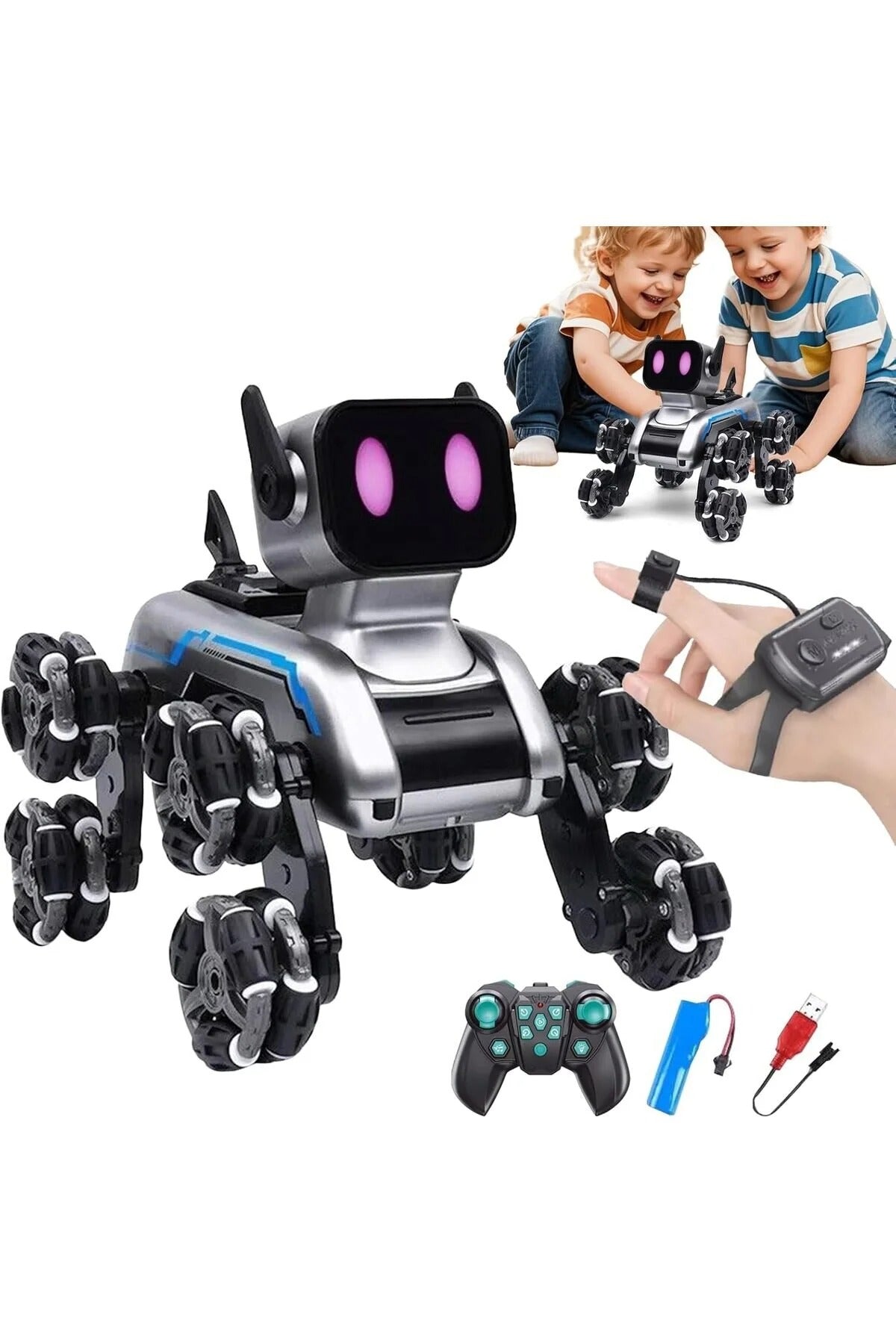 Uzaktan Bilekten Kumandalı Şarjlı 8 Teker Akrobat Robot Köpek Müzikli ve Led Işık 25 cm Köpek Araba